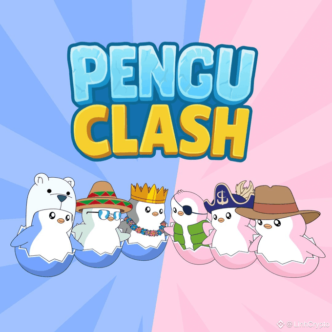 The image displays the colorful "PENGU CLASH" logo above a lineup of six adorable penguin characters, each wearing different accessories like a sombrero, crown, eyepatch, pirate hat, and cowboy hat, set against a split blue and pink background—promoting the newly launched Pengu Clash game on Robinhood pools as mentioned in the post.