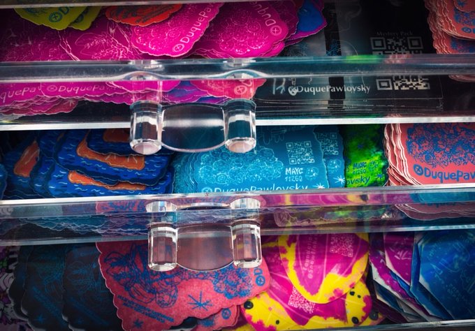 The image shows a drawer filled with various colored stickers, including pink, blue, yellow, green, and purple ones. The stickers are arranged in an organized manner within the drawer. The post appears to be about sending stickers or stickers for sale, as indicated by the limited edition nature of the stickers and the use of the word "limited" in the caption.