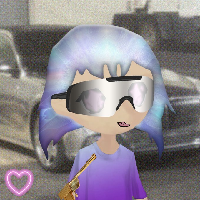 A digital avatar/chibi-style character with iridescent blue-purple hair and large reflective visor sunglasses, holding a gold pistol, set against a blurred vehicle background with a neon pink heart graphic.