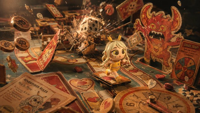A dynamic 3D rendered scene of a tabletop board game featuring a small cartoon character surrounded by exploding dice, scattered cards, coins, and a red demon trap card.