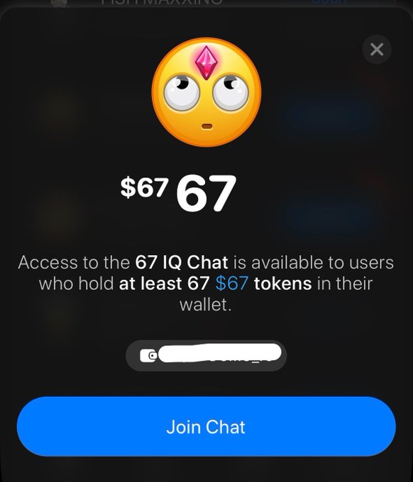A mobile app screen displays a surprised face emoji with a pink gem and the number '67', advertising access to a '67 IQ Chat' for users holding at least 67 $67 tokens.