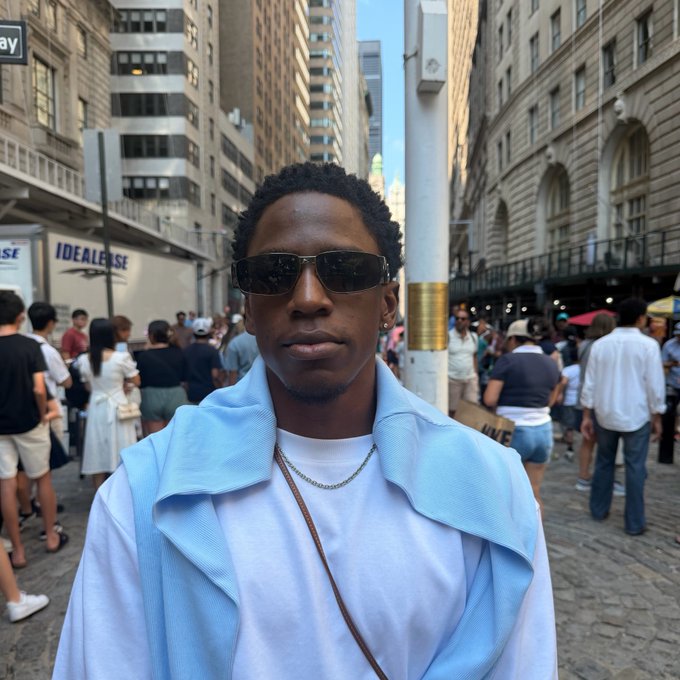 A young man wearing dark sunglasses, a light blue vest layered over a white shirt, and a chain necklace stands in the middle of a crowded city street, likely in a financial district given the tall buildings and a partially visible "IDEALENSE" truck in the background. The caption fits the post's request to "rate $ansem 1-10," presenting a confident, street-style portrait that viewers are meant to evaluate on a scale.