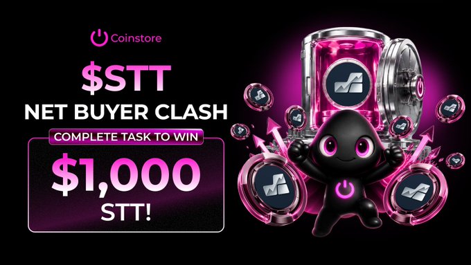 A promotional graphic for 'Coinstore' advertises a '$STT NET BUYER CLASH' campaign, offering '$1,000 STT!' for completing a task, featuring a cute black mascot surrounded by pink coins and arrows.