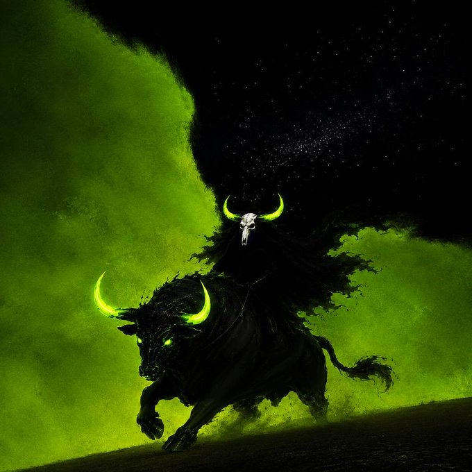 Digital artwork depicting a horned figure riding a dark bull, surrounded by glowing green energy against a starry night sky.