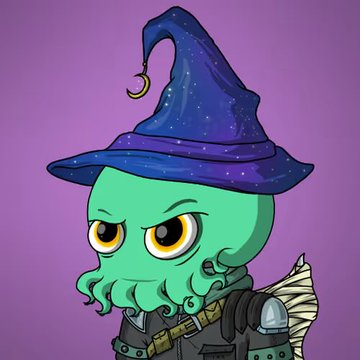 A cartoon illustration of a green octopus-headed character wearing a purple wizard hat adorned with stars and a crescent moon.