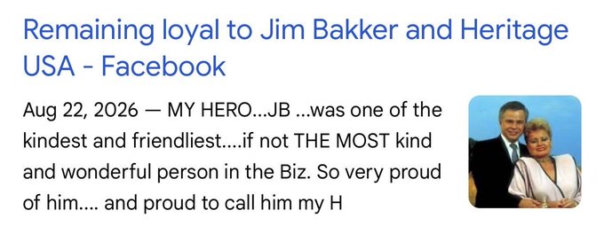 A Facebook post titled "Remaining loyal to Jim Bakker and Heritage USA" dated Aug 22, 2026 refers to Jim Bakker in the past tense ("JB ... was one of the kindest... person"), with an accompanying caption suggesting he died approximately six weeks later and linking his death to the creation date of XRP (6/2). The image shows a photo of Jim Bakker with a woman beside him.