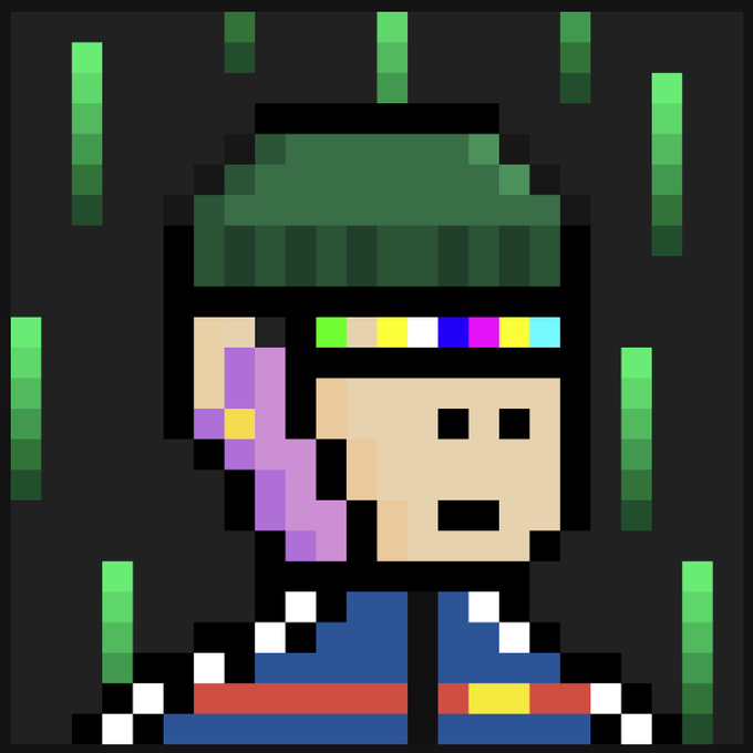 A pixel art illustration of a character wearing a green beanie, a colorful headband, purple hair, and a blue outfit with white stars, set against a dark background with green vertical streaks.