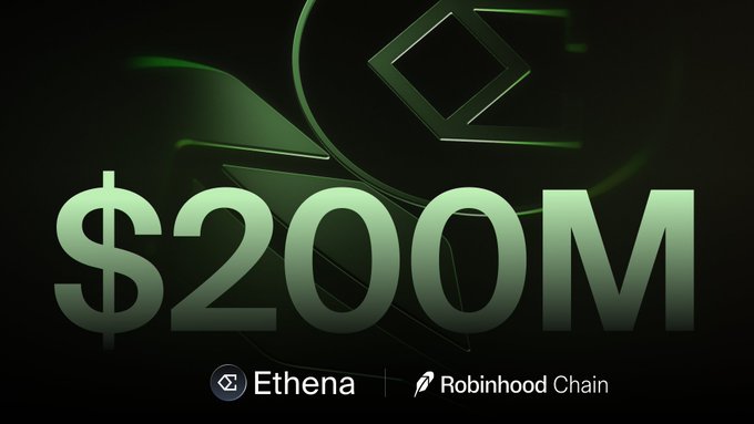 A promotional graphic displays "$200M" in large green text against a dark background, with the Ethena and Robinhood Chain logos featured at the bottom. The image visually highlights the milestone mentioned in the post, celebrating Ethena's rapid growth to over $200 million in assets on the Robinhood Chain just one month after launch.