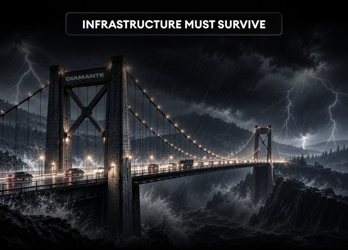 A stormy suspension bridge labeled "DIAMANTE" endures raging seas and lightning under the headline "INFRASTRUCTURE MUST SURVIVE," visually reinforcing the post's point that blockchain infrastructure should be judged by its resilience under harsh conditions rather than by speed or cost alone.