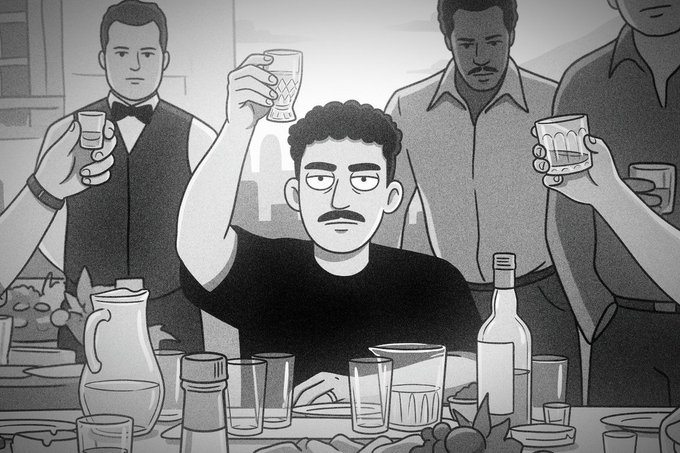 A black and white cartoon illustration depicts a group of men at a gathering, with a central figure in a black t-shirt raising a glass in a toast.