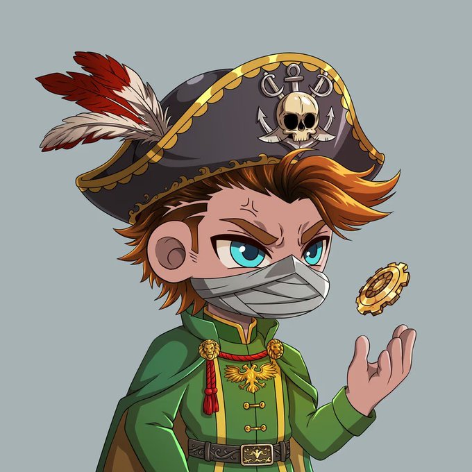 A chibi-style cartoon character dressed as a pirate captain with an anchor-and-skull hat, a face mask, and a green coat, tossing a gold coin in the air.