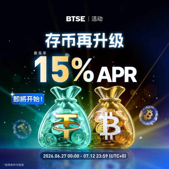 A promotional graphic for BTSE announces a "Deposit to Earn Interest" upgrade offering up to 15% APR on USDT and 8.8% APR on BTC, featuring two glowing money bags labeled with Tether (₮) and Bitcoin (₿) symbols against a cosmic background, with the event running from 2026.06.27 to 07.12 (UTC+0) and a "即将开始!" (Coming Soon!) badge.