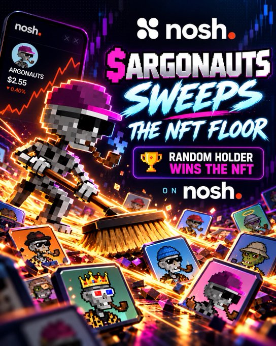 A promotional graphic for 'nosh.' features pixel art of a character sweeping NFTs, with text reading 'SARGONAUTS SWEEPS THE NFT FLOOR' and 'RANDOM HOLDER WINS THE NFT ON nosh.'