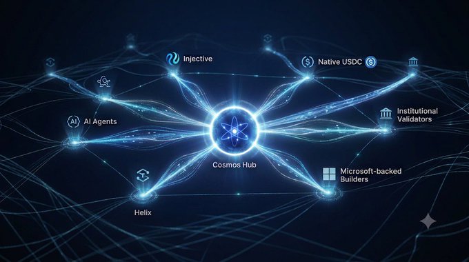A digital graphic displays a glowing 'Cosmos Hub' at the center with connected nodes labeled 'Injective', 'Native USDC', 'AI Agents', 'Institutional Validators', 'Microsoft-backed Builders', and 'Helix'.