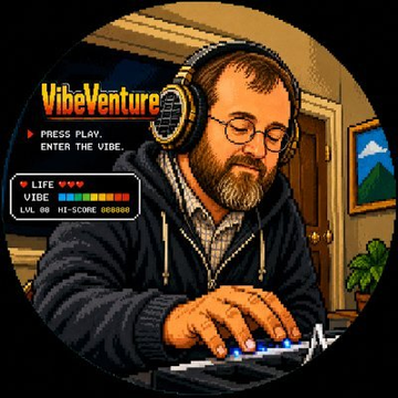 The image is a pixel art-style circular profile picture showing a bearded man with glasses and headphones, typing on a keyboard, with "VibeVenture" branding and "PRESS PLAY, ENTER THE VIBE" text. The accompanying post indicates this is Cardano founder Charles Hoskinson's new X profile picture themed around Midnight City, reflecting a retro gaming aesthetic tied to the blockchain's "Vibe" marketing campaign.