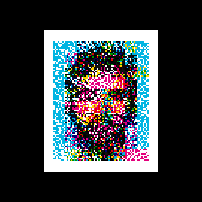 A vibrant abstract artwork featuring a chaotic pixelated composition of colorful squares scattered across a black background with cyan and magenta accents, displayed as a framed print. The post notes this is one of the artist's overprints/statement pieces, directing them to that account for future releases.