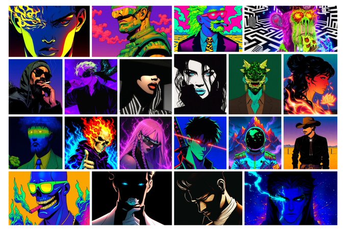 A collage displays twenty stylized, neon-colored illustrations featuring various characters, including supernatural figures, skulls, and people with glowing blue or red eyes.
