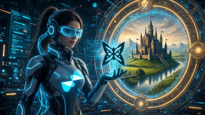 A digital sci-fi illustration of a woman in futuristic armor with glowing blue accents and visor, holding a glowing symbol in front of a circular portal that reveals a fantasy castle landscape.