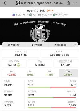 DexScreener screenshot of the "NotInEmploymentEducation..." (NEET) token on Solana, showing a price of $0.04135, market cap of $41.3M, and 5M liquidity.