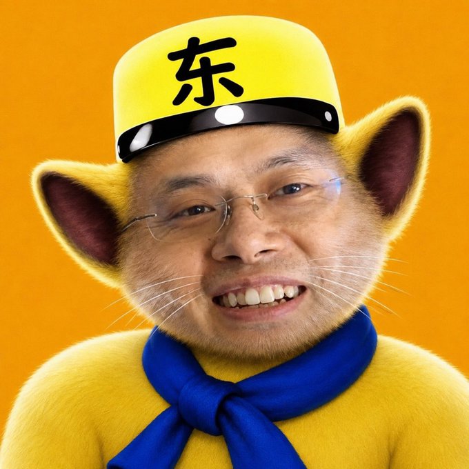 The image shows a person with a cat-like face, wearing glasses, a yellow hat with the Chinese character "东" (East) on it, and a blue neckerchief against an orange background, resembling a meme-style edit of Changpeng Zhao (CZ), the Binance founder. The playful, surreal image mirrors the post's description of CZ as bold, unconventional, and unafraid to break traditional rules, capturing his meme-worthy, unpredictable persona.
