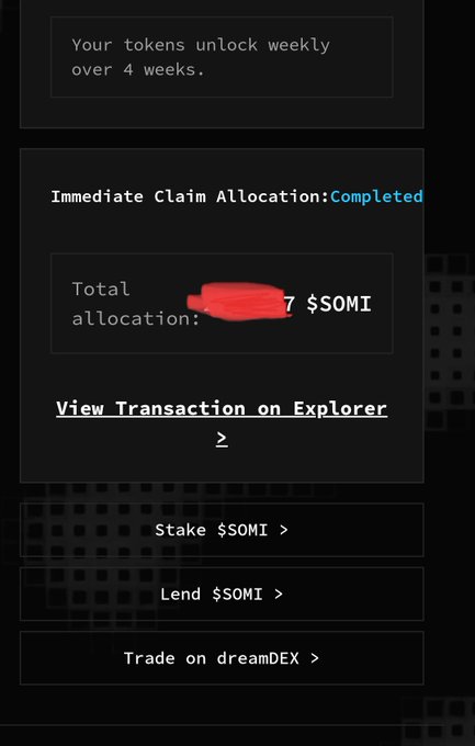 A dark-themed crypto interface showing 'Immediate Claim Allocation: Completed' with a redacted $SOMI token amount, offering options to Stake, Lend, or Trade on dreamDEX.