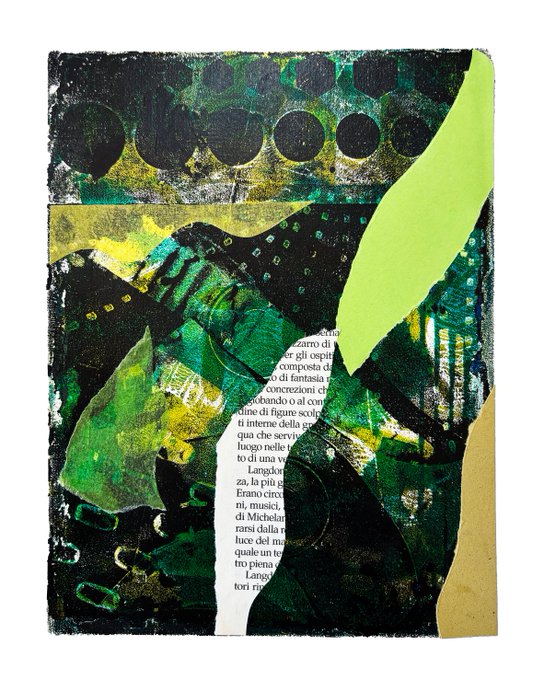 A mixed media collage artwork featuring bold black circles at the top, vibrant green abstract shapes, and layered textures with fragments of Italian newspaper text visible in the center.