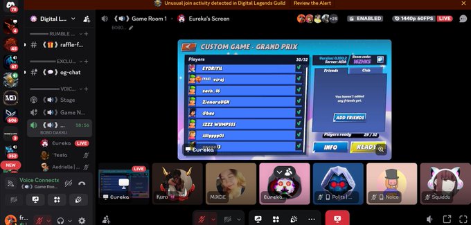 A Discord screenshot shows the Digital Legends Guild voice channel with a 'CUSTOM GAME - GRAND PRIX' screen displaying players including 'EUREKA', 'Nick', and 'Zuora', with a notice that 'Unusual join activity detected' has been reviewed.