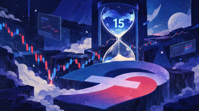 An artistic illustration featuring an hourglass showing '15 min', candlestick charts, and a large red arrow curving on a platform against a dark, cloudy background.