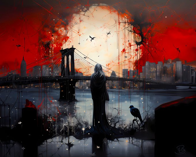 A dark, gothic-style painting depicting a cloaked figure standing before a bridge and a red-blooded city skyline, with a black crow nearby and a large moon in the background.