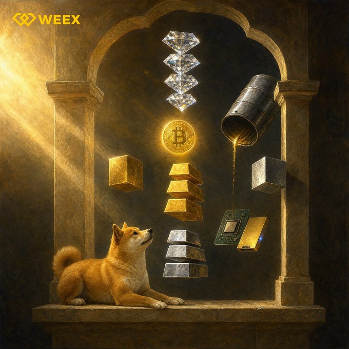 A classical painting-style illustration of a Shiba Inu dog gazing up at gold and silver bars, diamonds, a Bitcoin coin, and computer chips, branded with the 'WEEEX' logo.