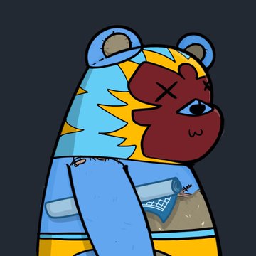 A cartoon-style character with a blue bear-eared hoodie, yellow sun-ray patterned hood, and brown face marked with an 'X' over one eye, holding a scroll and a small device.