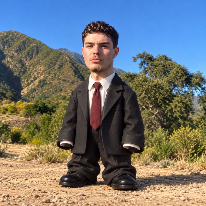A man in a black suit with a red tie standing outdoors on dirt ground with mountains, trees, and a blue sky in the background.