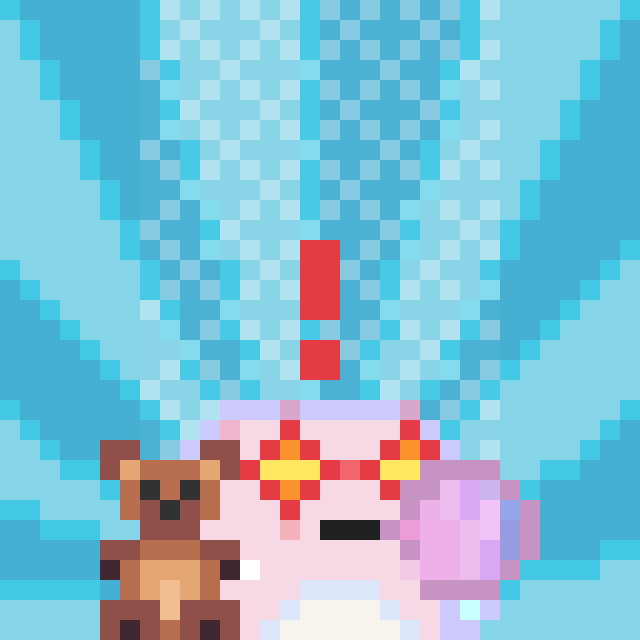 Pixel art image featuring a brown bear character and a pink/white character with a red exclamation mark above them against a blue checkered background.