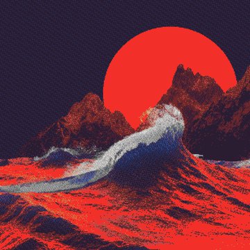 A stylized digital artwork of a large crashing ocean wave rendered in red and blue tones with a massive red sun and dark mountains in the background.