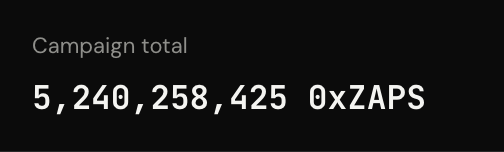 A black screen displays white text reading 'Campaign total 5,240,258,425 0xZAPS', indicating a fundraising or token campaign result.