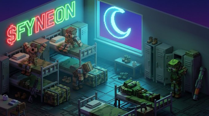 A pixel-art style isometric scene of a military barracks featuring a neon '$FYYNEON' sign, soldiers, bunk beds, crates, and a crescent moon symbol on the wall.