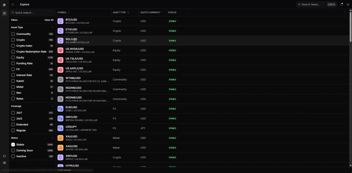 The image shows a computer screen displaying a webpage with a list of live feeds from various sources, including cryptocurrency exchanges like @PythNetwork Crypto, equities, and FX. The feed lists are organized by category, allowing users to easily browse and compare different financial markets in real-time. The post suggests that the user can access this information through the terminal, which is designed for efficient data management and easy navigation of various feeds.