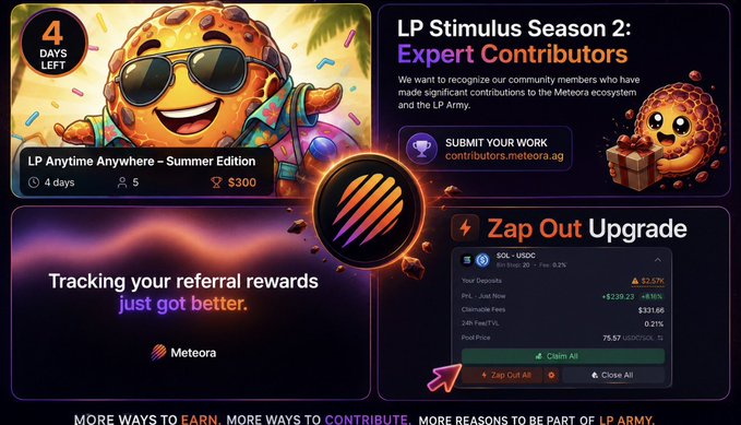 A promotional graphic featuring a cartoon cookie character wearing sunglasses, advertising 'Meteora' with sections for 'LP Stimulusus Season 2: Expert Contributors' and 'Zap Out Upgrade'.