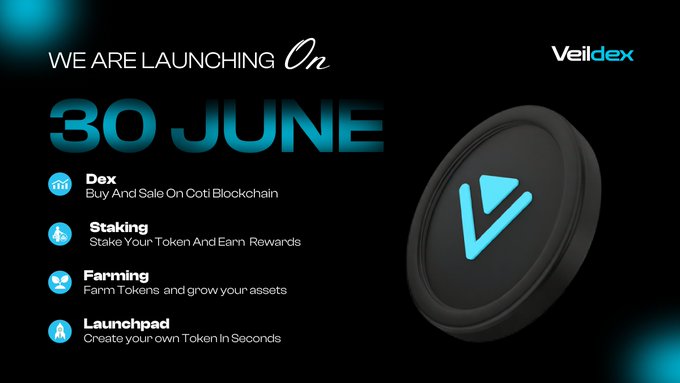 The image features a black circle with a blue V on it, which is the logo for Veildex. The text "WE ARE LAUNCHING ON 30 JUNE!" is displayed above the logo, indicating that there's an event happening on June 30th related to Veildex. Below the logo, there are descriptions of various activities and benefits associated with the platform, such as staking, buying and selling tokens, and farming. The image also includes a link to the post where more information about the event is available.