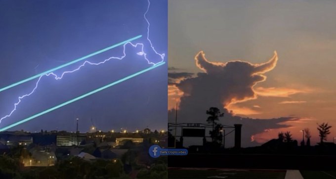 A split image showing severe weather phenomena: the left side captures lightning with bright green laser beams over a city at night, while the right side shows a cloud formation resembling a horned creature at sunset.