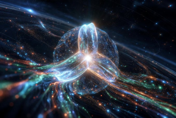 A luminous, interconnected web of glowing fibers forms a tri-lobed structure in deep space, symbolizing the modular, interconnected future of Web3 where specialized protocols converge. The image's flowing streams of light visually echo the post's theme of seamless collaboration between distinct layers like @TermMaxFi's flexible lending markets.