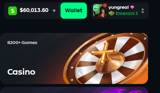 The image shows a screenshot of an online casino platform displaying a balance of $60,013.60 with a "Wallet" button, alongside a user profile labeled "yungreal" with an "Emerald 3" badge, set against a "Casino" promotional banner featuring a roulette wheel. This visually corresponds to the post celebrating a recovery from $6,000 to $60,000 in gambling winnings attributed to @stevewilldoit.
