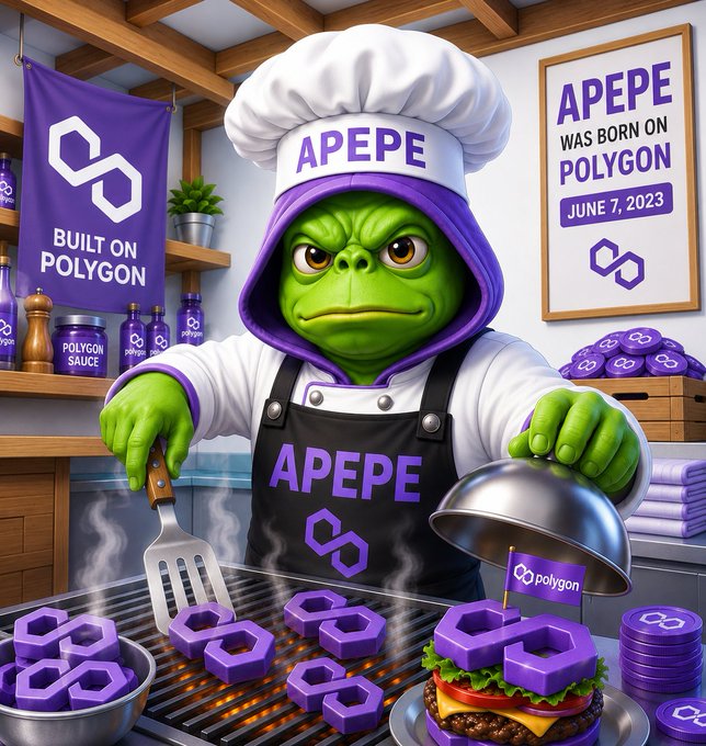The image features a cartoon character dressed as a chef wearing a white hat, apron, and holding a spatula over a grill with hamburgers cooking on it. The text "Chef APEPE" is written above the grill, indicating that this is the chef's name or title. The post also mentions that today's special is Polygon ingredients, which are community-powered recipe energy created by @APEPECreator and #Polygon since June 7, 2023.