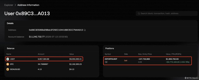 A blockchain explorer screenshot shows address details for 'User 0x89C3...A013' with a balance of $11,242,732.77, highlighting balances for USDT, BTC, BNB, and a short position on ESPORTSUSDT with a 1x leverage showing a PNL of +$4,775,164.20 (+244.78%).