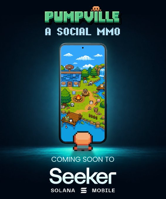 A promotional teaser for "PUMPVILLE – A SOCIAL MMO" showing a pixel-art village scene displayed on a smartphone, announcing the game's upcoming launch on the Solana Mobile Seeker dApp Store, directly visualizing the announcement of Pumpville's submission to the Solana dApp Store for Seeker.
