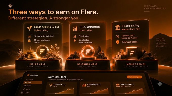 A promotional graphic titled 'Three ways to earn on Flare' outlining strategies: 'Liquid staking (sFLR)', 'FTSO delegation', and 'Kinetic lending', displayed on a dark interface with orange accents.