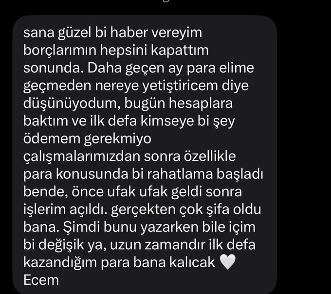 A screenshot of a Turkish-language message from "Ecem" sharing that she has paid off all her debts and, for the first time in a long while, the money she earns will actually stay with her—expressing relief and gratitude following the "RUNE" related work/guidance.