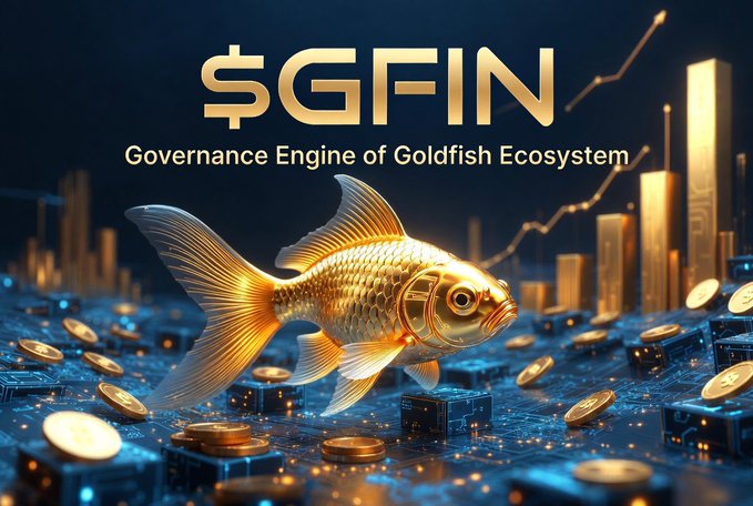 The image features a goldfish swimming among stacks of golden coins, with the text "SGFIN" displayed above the fish. The surrounding environment includes various elements such as buildings and other coins, which could be interpreted as symbols related to the financial world or the concept of money management. The post suggests that understanding how $GFIN allocation might grow involves considering factors like holding $GGBR, adding liquidity on Uniswap, staking via StakeMyGold, and focusing on what is in the image.