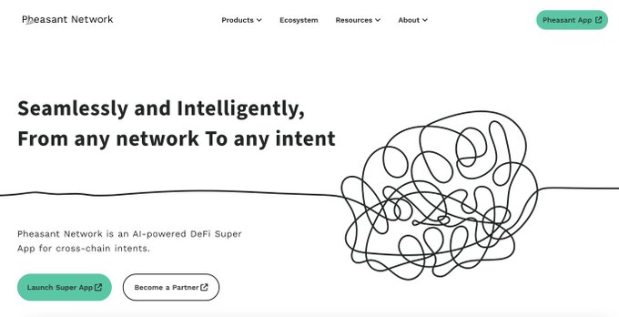 The Pheasant Network website homepage displays the headline 'Seamlessly and Intelligently, From any network To any intent' with a tagline describing it as an AI-powered DeFi Super App for cross-chain intents.