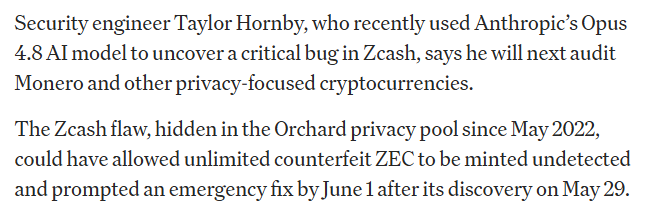The image shows a gray background with white text. The text explains that a researcher has found a bug in the Zcash cryptocurrency, which was discovered by Taylor Hornby. The bug allows for unauthorized access to the privacy pool of the Orchard, meaning that anyone could potentially leak sensitive information about users' private data. The post also mentions that Monero and other privacy-focused coins are added to the researcher's audit queue.